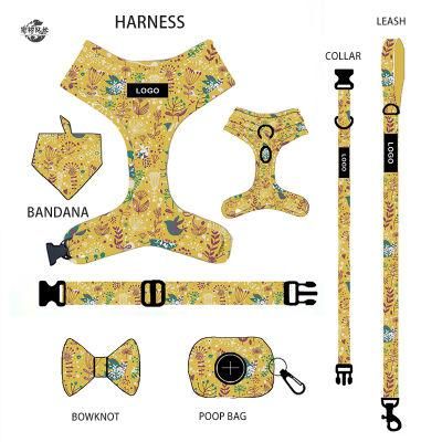 Breathable Mesh Nylon Security Pattern Strap Best Pet Dog Harness with Collar Leash Bowknot Set/Pet Toy