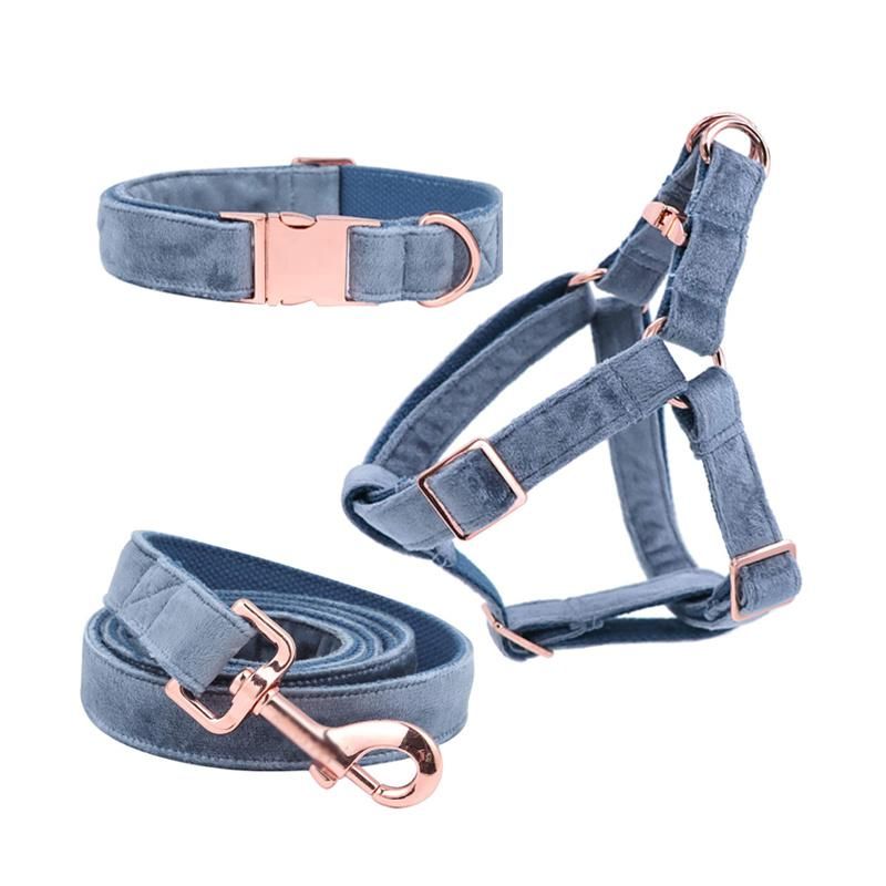 Newest Velvet Dog Harness Set Luxury Metal Buckle W/ Matching Dog Collar Lead and Poop Bag Holder Dog Harness