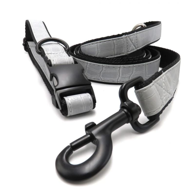 Durable PU Crocodile Grain Tensile Strength Dog Collar Leash