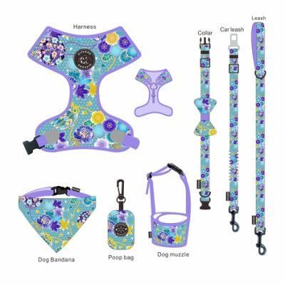 Classical Flower Printed Soft Padded Dog Collar and Leash for Pet Cat Dog Leash Collar Set Dog Harness Set
