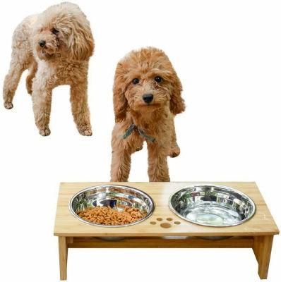 Hot Sale Pine Wood / Bamboo Elevated Dog and Cat Pet Feeder with Two Stainless Steel Bowls