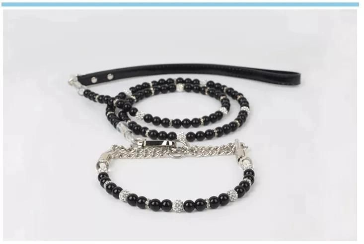 Luxury Jeweled White Black Pearl Dog Chain Necklace and Collars Leash Set Cat Dog Collar Lead Pet Accessories