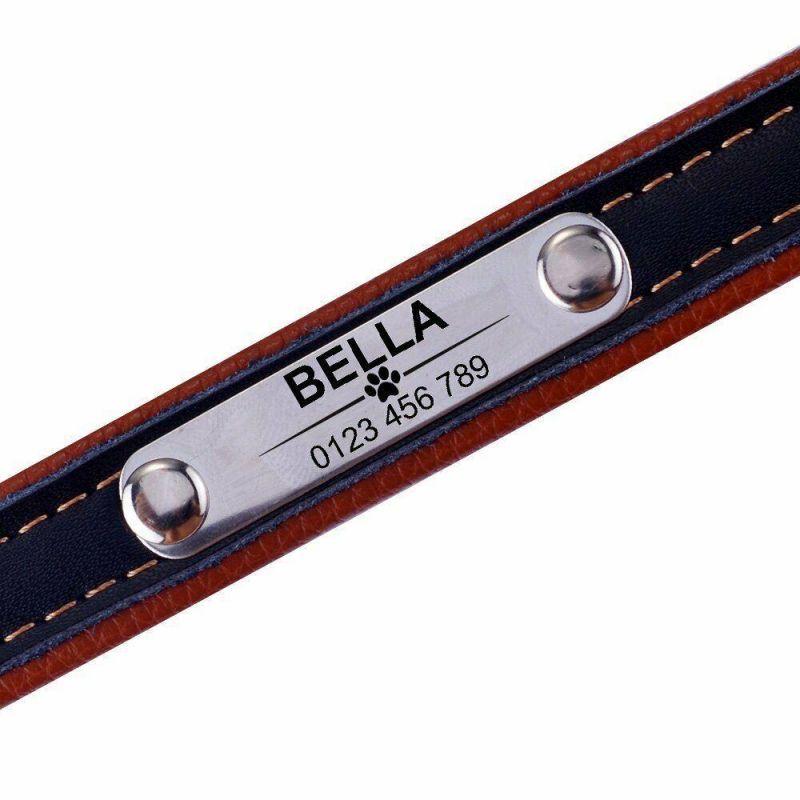 High Quality Engraved Name Leather Dog Collar Custom Pet Cat