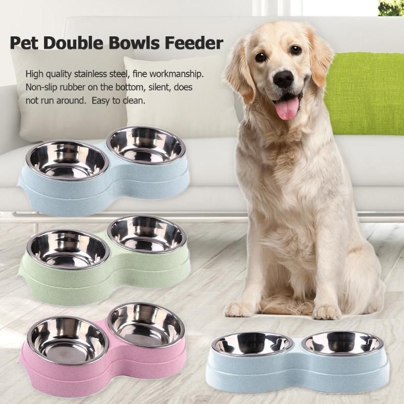 Double Bowls Dog Food Water Feeder Stainless Steel Pet Bowl