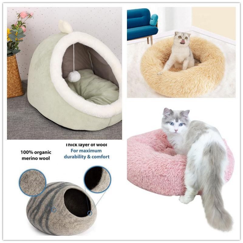 Long Plush Fluffy Pet Bed for Cat Anti Slip DOT Bottom Calming Puppy Dog Donut Bed Round Cat Bed