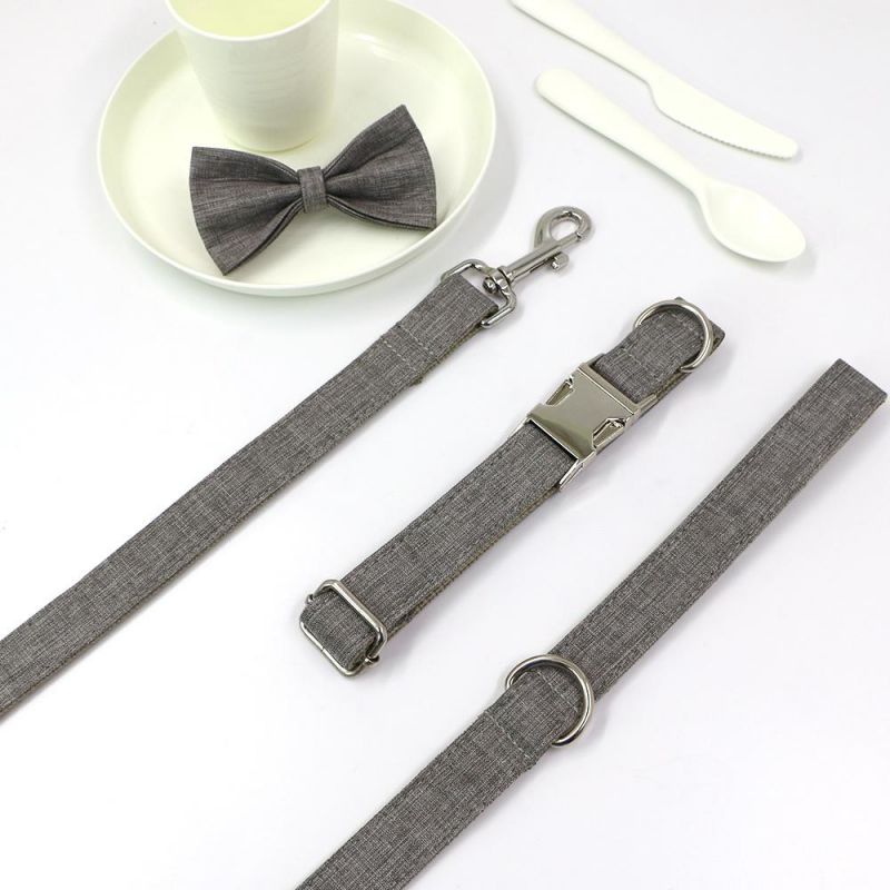 Wholesale Fashion Design Handsome Style Personalized Grey Cotton Webbing Pet Collars Leash Doggie Bow Tie Dog Collar Leash Sets