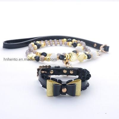 Fashion Jeweled Black Crystal Bow Dog Collar and Leash Set for Pet Cat Small Dog Leash Pearl Necklace Chain