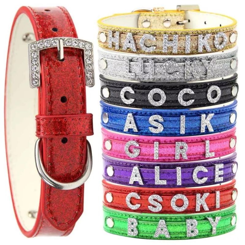 Mock Croc PU Leather Dog Collar Diamond DIY Name Letters Jewels Rhinestone Pet Dog Jeweled Collars