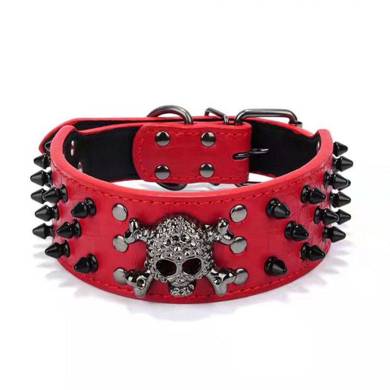 Halloween Skull Pet Collar 3 Rows Rivets Studded PU Leather Dog Collar