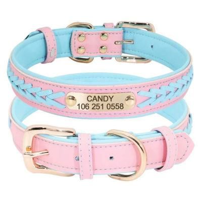 Classic Braided Genuine Leather Dog Collar Soft Padded PU Leather Inner Collar with Engraved Brass Nameplate