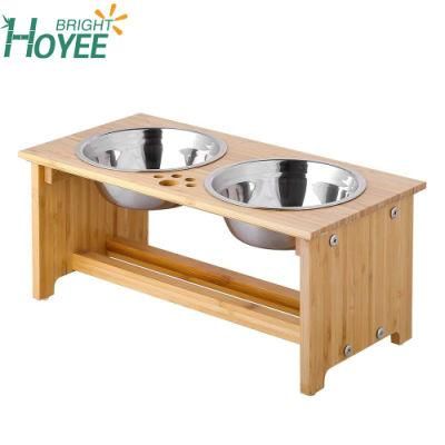 Bamboo Elevated Dog Cat Food and Water Bowls Stand Feeder with 2 Stainless Steel Bowls and Anti Slip Feet Raised Pet Bowls