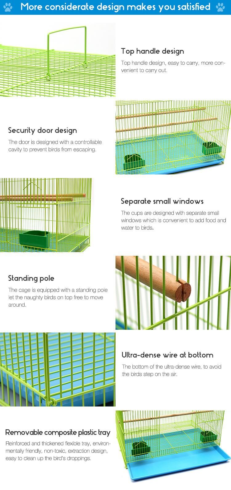 Customized Metal Large Bird Cages Portable Easy Carry Pet Transport Bird Cages Green Breeding Bird Cages with 2 Bowls
