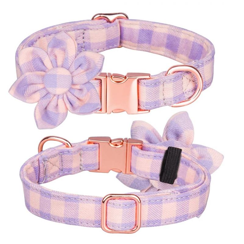 Colorful Plaid Flower Dog Collar with Rose Metal Buckle
