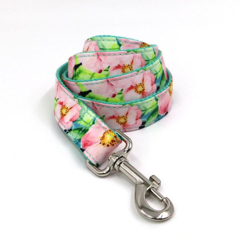 Pet Accessories New Arrival Personalized Girl Dogs Bowtie Floral Patterns Green Cotton Webbing Dog Collar Leash Set