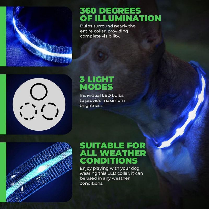 LED Dog Collar-USB Rechargeable with Water Resistant Flashing Light-Xs/S/M/L Size Black