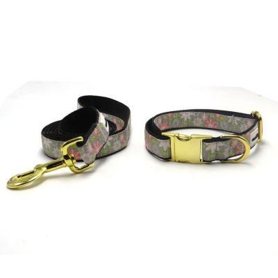 Personalized High Quality Luxury Cotton Nylon Gold Hardware Flower Dog Collars Pet Collar and Leash Set