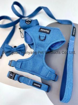 2022 New Design Dog Harness Manufacturer Wholesale Pet Lead Denim Dog Harness Custom Adjustable Dog Harness Set