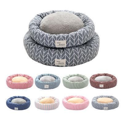 Linen Round Cozy Warm Cat Bed with Mat Pet Cage