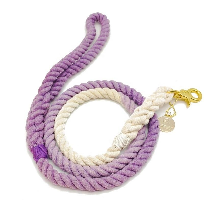 2020 New Design Braided Dog Leash Cotton Ombre Rope Leash Gradient Pet Leashes Matching Collar with Metal Tag OEM Manufacturer