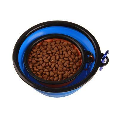 Popular Custom Round Foldable Silicone Drinking Container Food Feeder Dog Bowl with Carabiner
