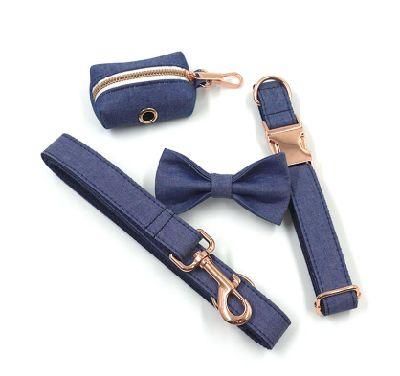 Manufacturer Pet Products Hot Sale Denim Dog Collar Leash Combo Pet Collars Leash Poop Bag Holder Set with Bow Tie