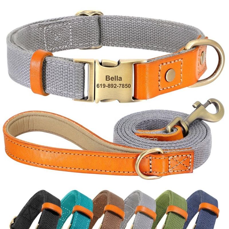 Hot Sales Genuine Leather Matching Polyester Cotton Pet Dog Collar and Leash Set