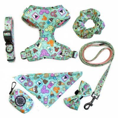 Custom Logo Reflective Reversible Luxury Pet Dog Vest Collars Harness and Leash Set Dog Harness with Bow Tie Bandana