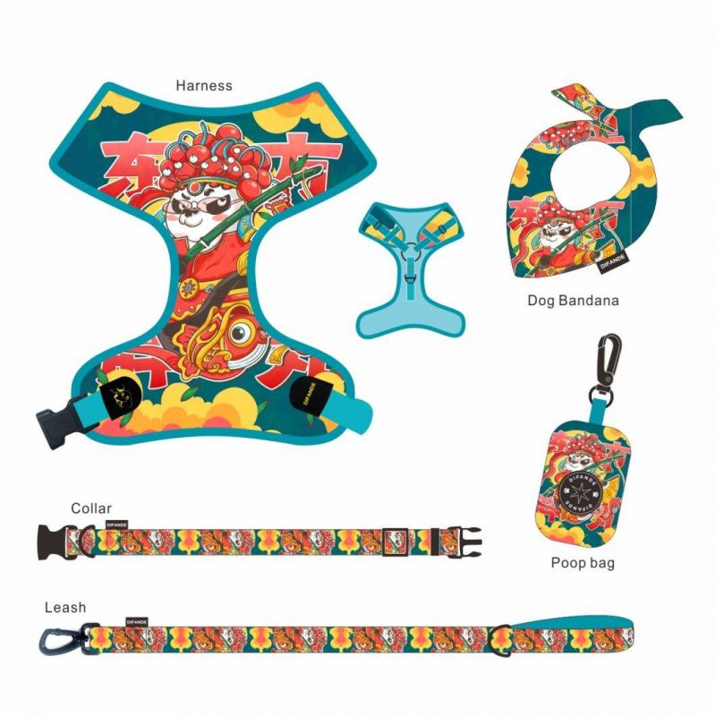 6 in 1 Personalized Sublimation Heavy Duty Polyester Cute Pet Collar Dog Harness and Leash Set