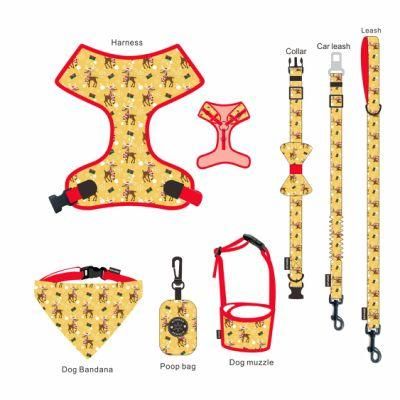 Wholesale Custom Logo Sublimation Christmas Style Patterns Dog Leash Collar and Harness Set with Bandana