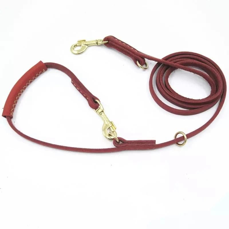 Factory Wholesale Handmade Leather Dog Leash with Two Training Loops.