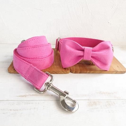 Pink Suede Velvet Dog Collars Luxury Soft High End Pet Shop Dog Collar and Leash Set Customized Designer Dog Collar Leash