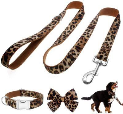Adjustable Leapard Print Leash and Collar with Bowtie Set Fashion Pet Accessories Set
