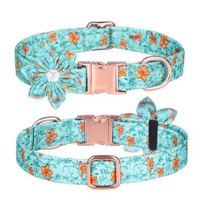 Rose Metal Buckle Dog Collar with Rhinestone Flowers Pet Collar