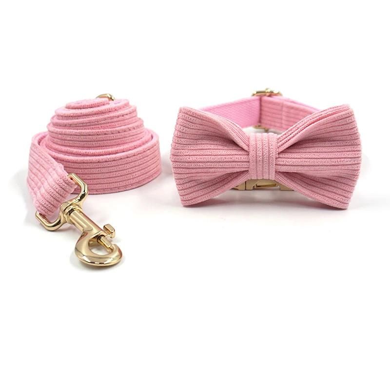 Charm Design High Quality Solid Pink Corduroy Dog Collar Leash Manufacturer Pet Supplies Dog Collar Laser Brand Leash Set