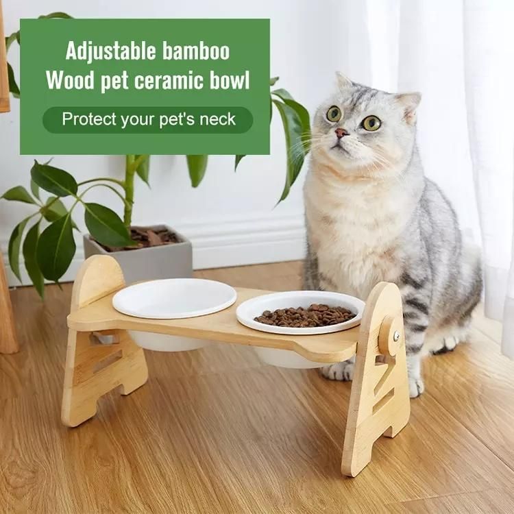 High Quality Adjustable Bamboo Elevated Dog Cat Food Bowl Pet Feeder