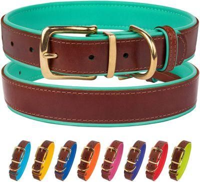 Leather Dog Collar Brass Buckle Soft Padded Dog Collar