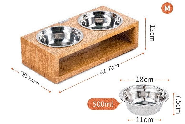 Acacia Wood Dog Cat Pet Feeder & Double Stainless Steel Bowls