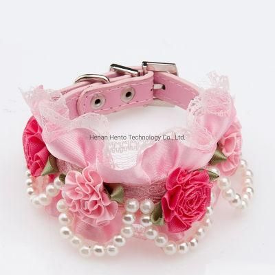 Flower Lace Pearl Designers PU Leather Dog Collar Pink Cat Collar Necklace Pet Accessories Supplies