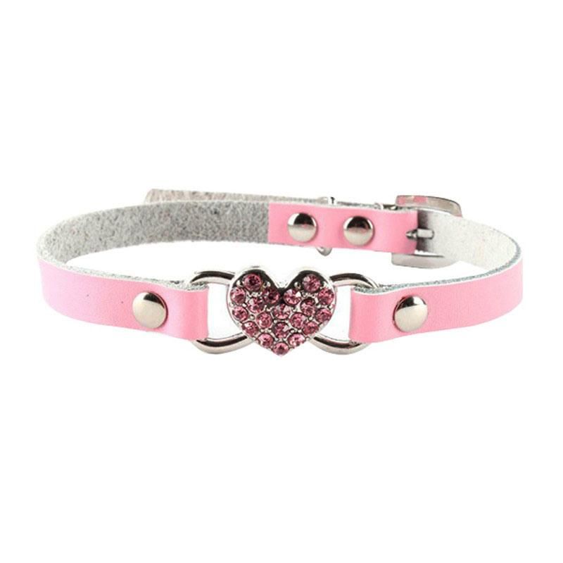 Adjustable Leather Pet Collar with Rhinestone Heart-Shaped Pet Collar