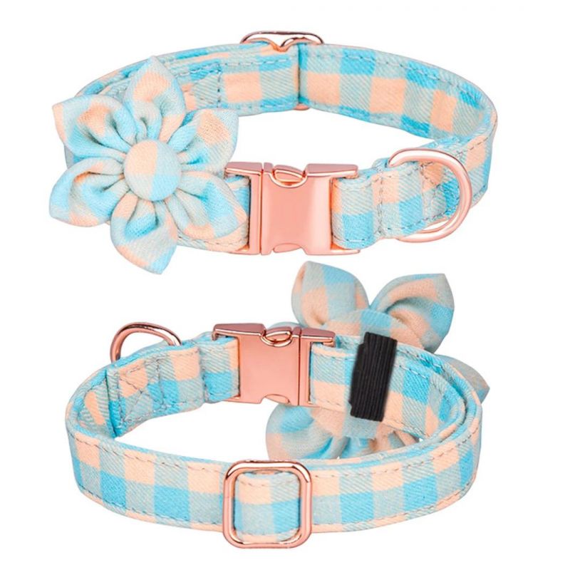 Colorful Plaid Flower Dog Collar with Rose Metal Buckle