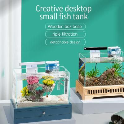 Yee Mini Fashionable Fish Home with Wooden Box Small Fish Tank Aquarium