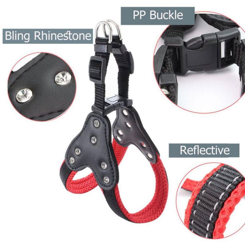 PU Leather with Blining Rhinestone Decorations Dog Harness with Dog Leash