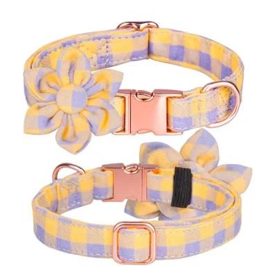 Colorful Plaid Flower Dog Collar with Rose Metal Buckle