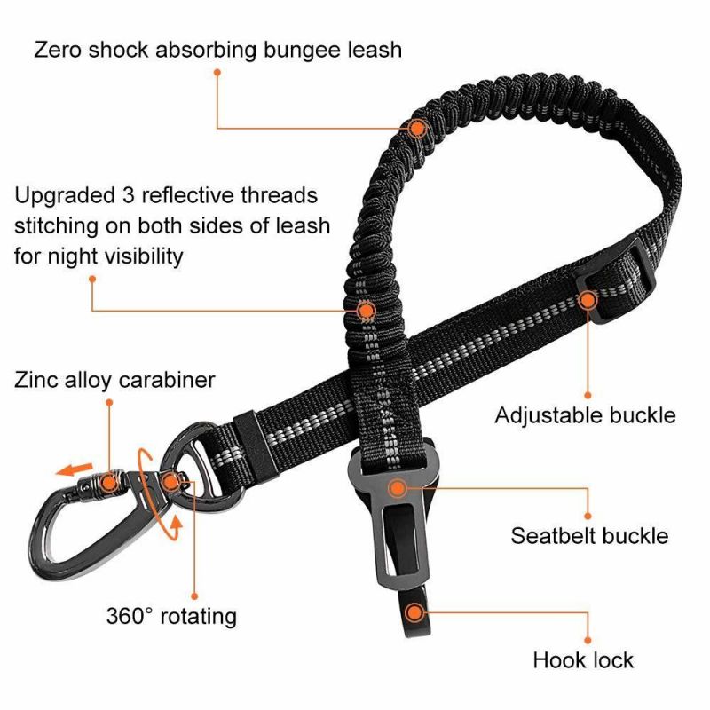 Custom Colorful Reversible Nylon Bungee Dog Car Seat Belt Leash for Dog Pet Supplier with Hook Lock
