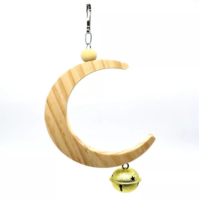 Toy for Small Birds Parakeet Hanging Swing Moon Shape Natural Wood Swing Bird Toys with Bells