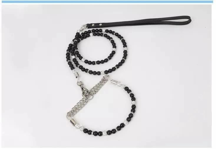 Luxury Jeweled White Black Pearl Dog Chain Necklace and Collars Leash Set Cat Dog Collar Lead Pet Accessories