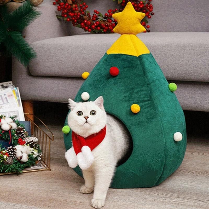 New Pet Cat Dog House Kennel Puppy Sleeping Bed Christmas Tree Shape Winter Warm Bed