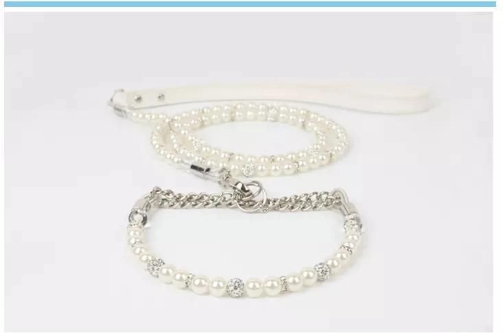 Luxury White Black Jeweled Pearl Dog Collar Chains and Leash Set Pet Accessories Cat Small Dog Lead Necklace