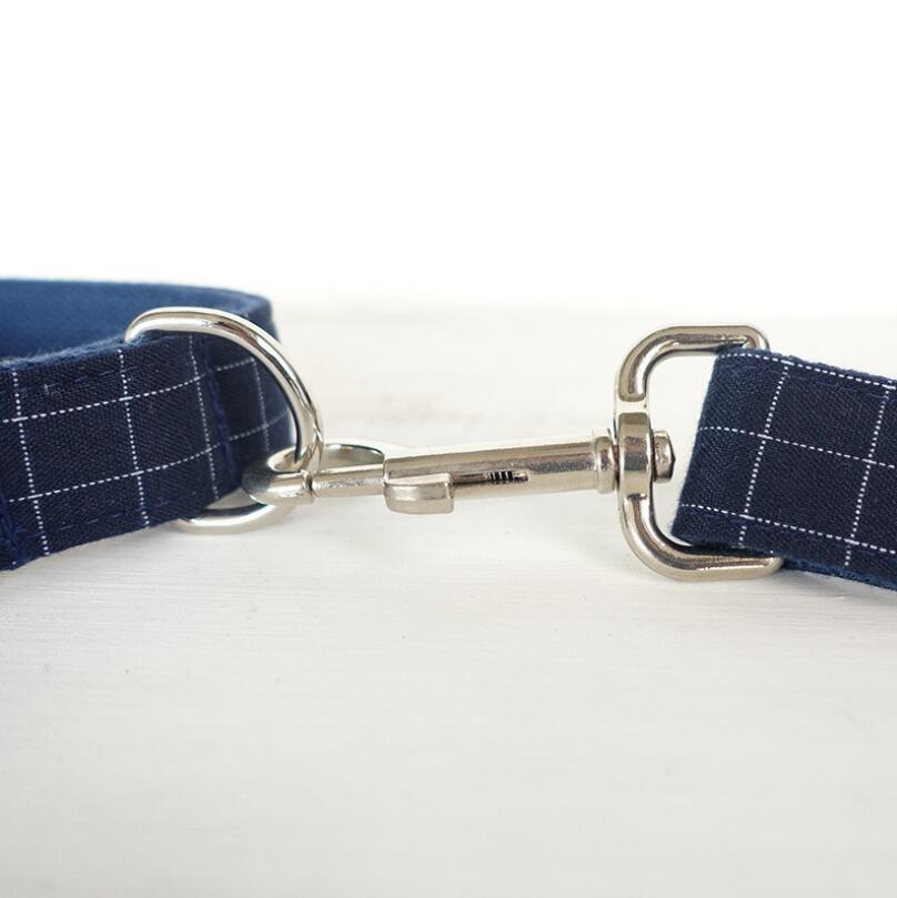 Dark Blue Plaid Polyester Matching Dog Collar and Leash and Bow Tie