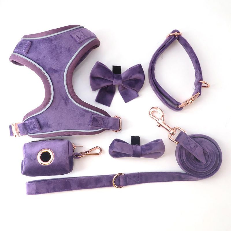 High Quality Soft No Pull Pet Adjustable Velvet Dog Harness Leash Collar Poop Bag Holder Set